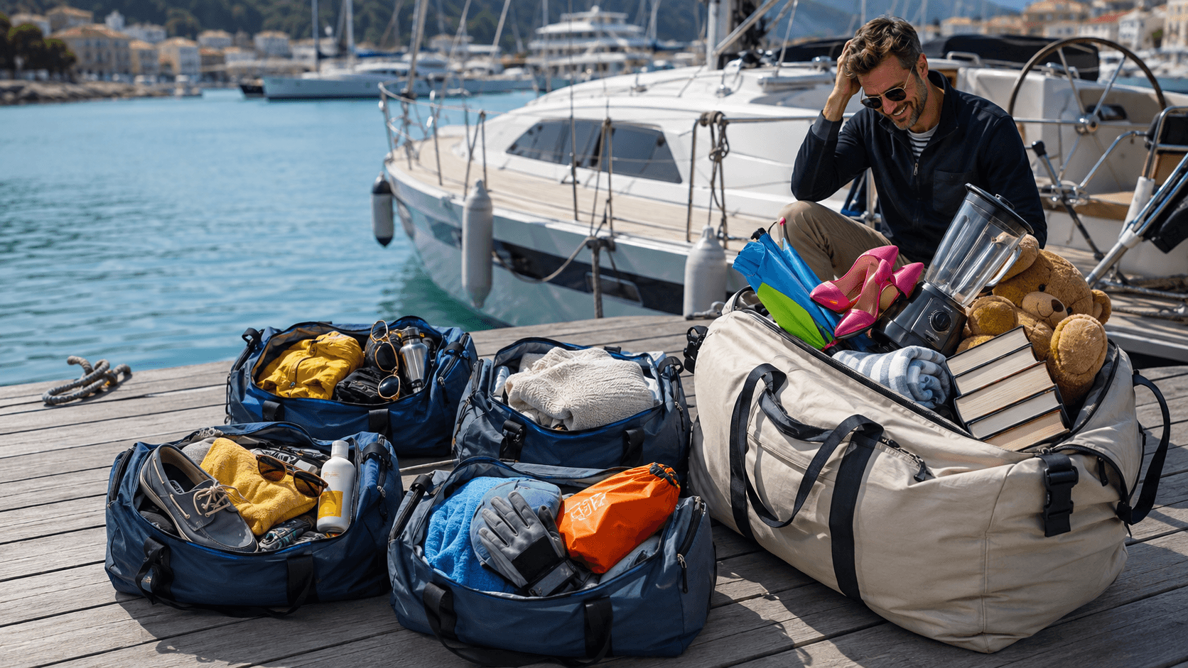 A soft bag, sunglasses and a towel on the deck of a sailboat